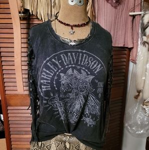 ✨️🔥✨️Womens Harley Davidson distressed fringe sleeve t-shirt